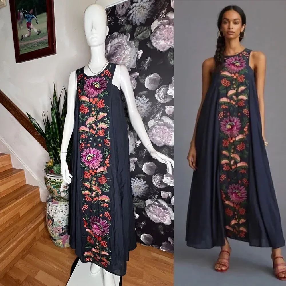 Anthropologie Samant Chauhan Embroidered Halter Dress